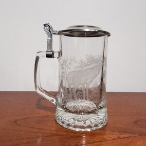 Vintage ALWE Etched Glass Beer Stein Marked W. Germany Pewter Lid Deer Elk Trees